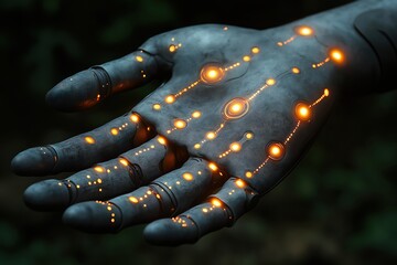 Poster - Futuristic hand with glowing circuits showcasing advanced technology and design elements