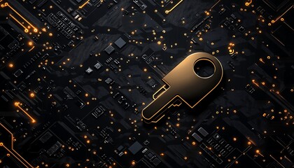 Poster - Digital key symbolizing data protection and cybersecurity, glowing circuit board background, sleek and advanced technology design
