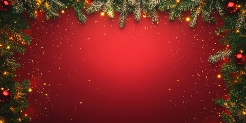 Wall Mural - Christmas background with xmas tree and sparkle bokeh lights on red canvas background. Merry christmas card. Winter holiday theme. Happy New Year. Space for text, top view