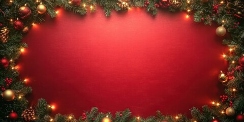 Wall Mural - Christmas background with xmas tree and sparkle bokeh lights on red canvas background. Merry christmas card. Winter holiday theme. Happy New Year. Space for text, top view