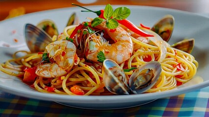 Wall Mural - Gourmet Italian seafood pasta with fresh shrimp and clams, enhanced by vibrant herbs and chili, showcases culinary artistry in every delicious bite.