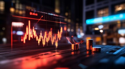 Poster - Financial market analysis showing upward trend with glowing indicators and coins at night
