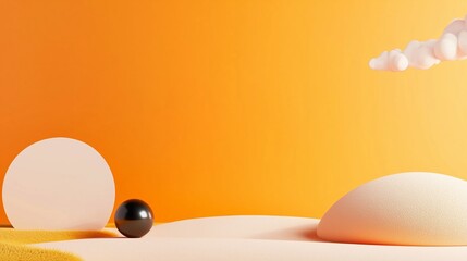 Poster - Abstract landscape with geometric shapes and warm orange background showcasing a minimalist design aesthetic