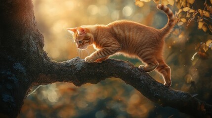 Wall Mural - Ginger tabby cat climbing on a tree branch, curious and agile, outdoor setting, natural light, playful and adventurous, charming pet portrait.