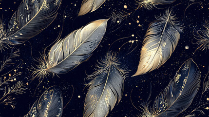 Poster - Delicate feathers with intricate patterns shine with golden accents on a deep backdrop, creating a sophisticated and artistic visual appeal perfect for various designs