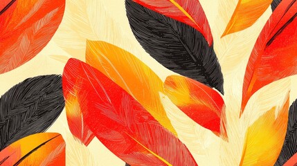 Poster - Colorful feather motifs in warm hues of red, orange, and black create an intricate vector pattern, evoking the essence of autumn and nature\'s beauty