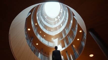Poster - View of a person staring up at a circular skylight in a modern architectural structure