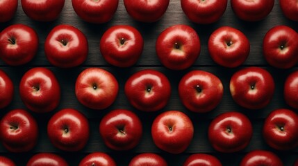 Sticker - Top view of neatly arranged rows of shiny red apples placed on a dark wooden surface. The apples are uniformly aligned, creating a pattern with their vibrant color and natural texture.