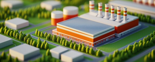 Poster - A detailed model of a factory complex featuring multiple smokestacks, surrounded by greenery and smaller buildings, depicting an industrial landscape.