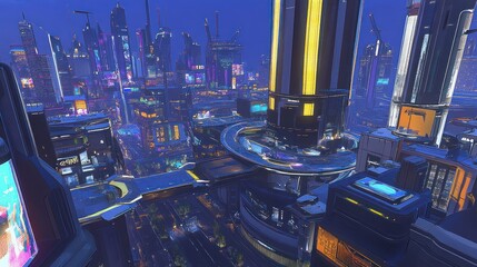 Wall Mural - Night cityscape, futuristic architecture, neon lights, towering skyscrapers, urban landscape, elevated view.