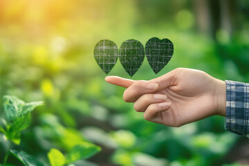 Wall Mural - Three Green Leaves in Hand: Eco-Friendly Concept Image.  Sustainable growth, environmental care, and nature's love are represented in this symbolic image.  Perfect for eco-conscious projects.