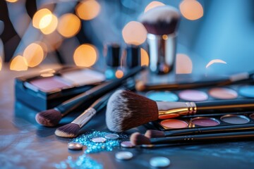 Closeup of makeup brushes and decorative cosmetics lying on the table in the stylist office