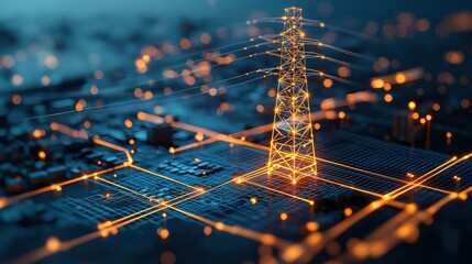 Poster - A glowing power tower amidst a network of illuminated lines, symbolizing energy distribution and smart grid technology in a digital landscape.