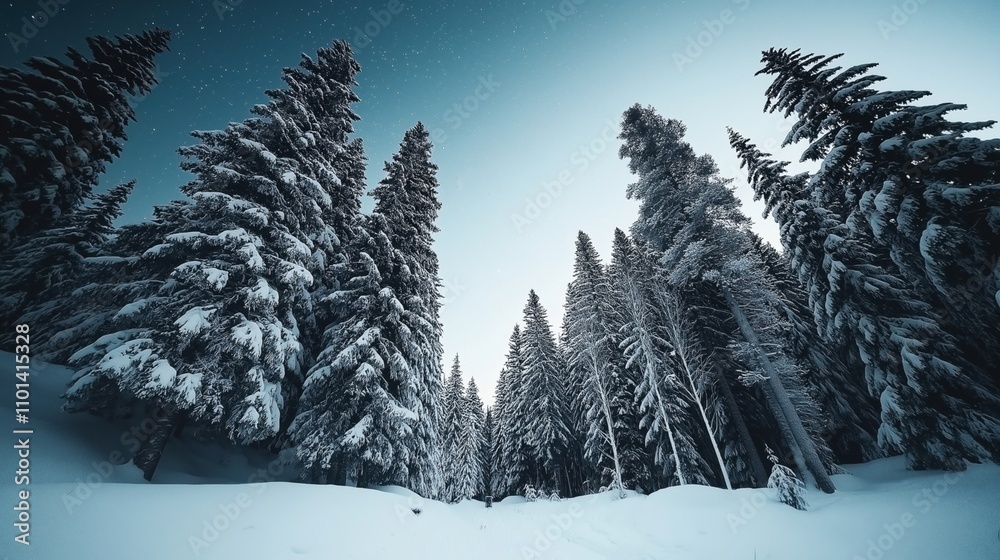 Snow-covered evergreen trees in a dense forest under a starry night sky