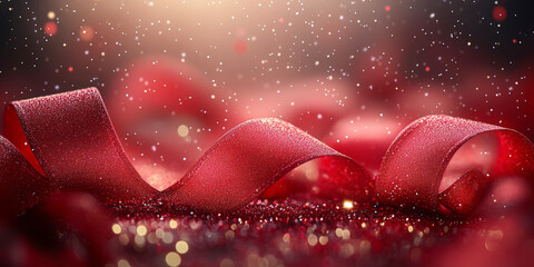 Wall Mural - A close-up of a red satin ribbon with sparkling glitter in a festive holiday setting, illuminated by soft bokeh lights.