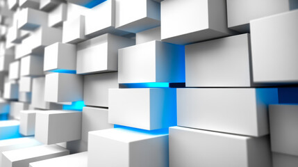 Poster - Abstract geometric arrangement of white blocks with blue lighting creating a modern digital appearance in a computer-generated setting