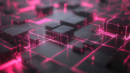 Aufkleber - Abstract digital landscape with glowing pink lines and black cubes in a future-inspired design at night