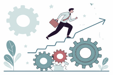 Poster - Best Practices Development, Strategy to Success or Improvement, Planning, Progress or Implementation Process, Efficiency or Productivity Concept, Businessman Running Up Stair on Cogwheel Gears System
