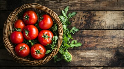 Wall Mural - Basket of fresh tomatoes with greenery on rustic wood