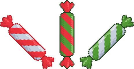 Fototapete - Candies in striped wrappers pixel art. Christmas sweets retro video-game asset.