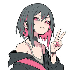 Poster - Anime character with short black and pink hair, wearing choker and making peace sign gesture. character has confident expression and is dressed in casual outfit. PNG transparent