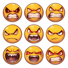Poster - Various angry emojis with intense expressions on white background, showcasing different levels of anger and frustration. These emotive icons are perfect for digital communication. PNG transparent