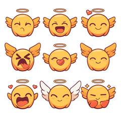 Poster - Various angelic face emojis with halos and wings expressing joy, love, and laughter. These cute and playful emojis are isolated on white background, perfect for digital communication.PNG transparent