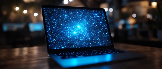 Poster - Closeup of laptop computer with glowing blue polygonal mesh interface on a blurry desktop background, representing technology and network concept, double exposure, 3D render