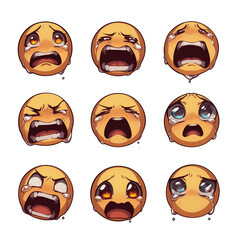 Poster - Various crying emojis with different expressions isolated on white background, showcasing emotions like sadness, frustration, and despair. PNG transparent