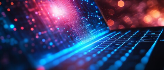 Poster - Closeup of laptop computer with glowing blue polygonal mesh interface on a blurry desktop background, representing technology and network concept, double exposure, 3D render