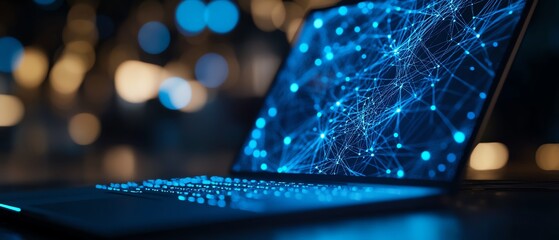 Poster - Closeup of laptop computer with glowing blue polygonal mesh interface on a blurry desktop background, representing technology and network concept, double exposure, 3D render