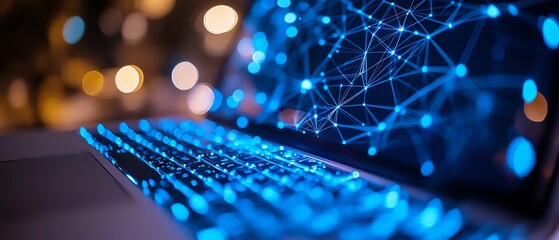 Poster - Closeup of laptop computer with glowing blue polygonal mesh interface on a blurry desktop background, representing technology and network concept, double exposure, 3D render