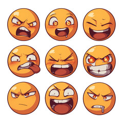 Poster - Various expressive emojis with flushed faces and intense emotions on white background. These vibrant illustrations capture range of feelings, from anger to mischief. PNG transparent