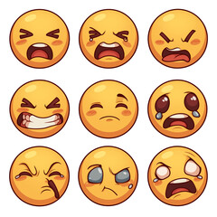 Poster - Various embarrassed emojis with different expressions isolated on white background, showcasing range of emotions from anger to sadness. PNG transparent