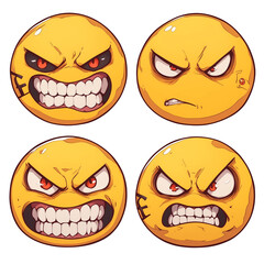 Aufkleber - Four grimacing face emojis with intense expressions, featuring sharp teeth and furrowed brows, isolated on white background. PNG transparent