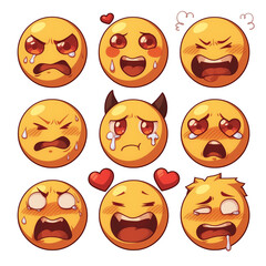Poster - Various expressive emojis display emotions like anger, sadness, and love, with tears and hearts. These vibrant faces convey range of feelings, from heartbreak to joy, on whitePNG transparent