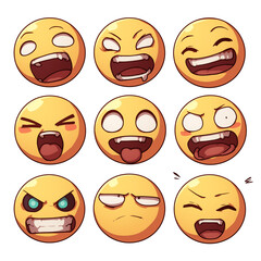 Poster - Various joyful emojis with different expressions isolated on white background, showcasing range of emotions from happiness to anger. PNG transparent