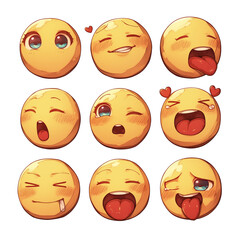 Wall Mural - Various kissing emojis with different expressions, isolated on white background, showcasing range of emotions from playful to affectionate. PNG transparent