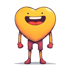 Poster - cheerful heart shaped character with big smile, wearing red shorts and shoes, stands joyfully on white background. PNG transparent