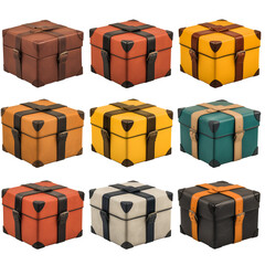 Poster - Various luxury leather gift boxes in different colors and styles are arranged in grid pattern, showcasing elegant craftsmanship and design. Each box features unique strap details,PNG transparent