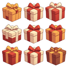 Aufkleber - Various matte gift boxes with bows in red, orange, and cream colors are arranged in grid pattern on white background, creating festive and cheerful atmosphere. PNG transparent