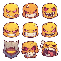 Aufkleber - Various mask wearing emojis with fierce expressions, including grinning, angry, and skull designs, isolated on white background. PNG transparent