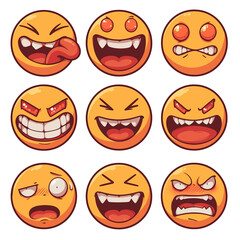 Poster - collection of nine playful and expressive emojis featuring various emotions, including joy, anger, and mischief, isolated on white background. PNG transparent