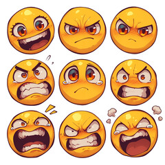 Poster - Various playful emojis with different angry expressions on white background. PNG transparent