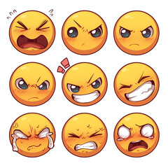 Poster - Various expressive face emojis showing emotions like anger, frustration, and sadness, isolated on white background. These vibrant emojis capture range of intense feelings with detailedPNG transparent