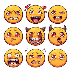 Poster - Various expressive emojis with different emotions, including anger, love, and sadness, are isolated on white background. Each emoji displays unique facial expressions, showcasing rangePNG transparent
