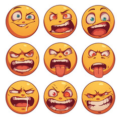 Poster - Various silly face emojis with exaggerated expressions on white background. These playful and colorful emojis display range of emotions, from anger to silliness, with unique facialPNG transparent
