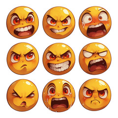 Poster - Various angry and frustrated face emojis with intense expressions on white background. These emotive icons convey strong emotions through exaggerated features and vibrant colors. PNG transparent