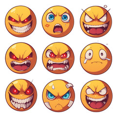 Poster - Various silly face emojis with different expressions, including anger, sadness, and mischief, isolated on white background. PNG transparent