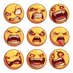 Poster - Various sneezing face emojis with intense expressions, isolated on white background, showcasing range of emotions from anger to disgust. PNG transparent